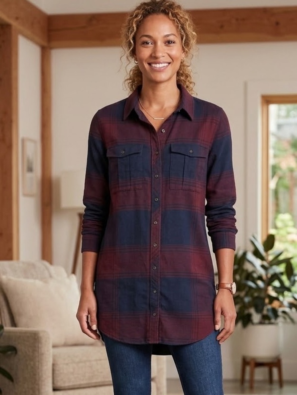 Athleta Plaid Longline Button-Up Shirt in Navy and Burgundy